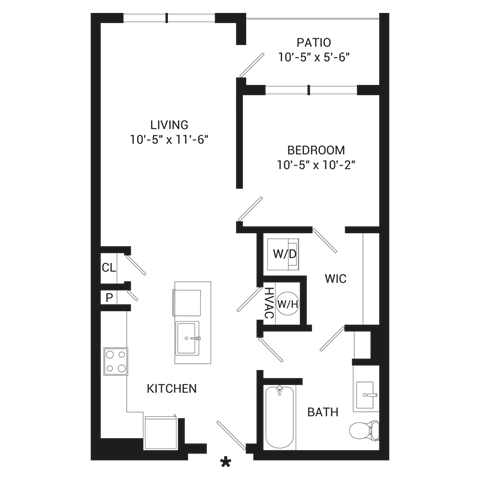 Floor plan for 1 bed, 1 bath, 671 sqft